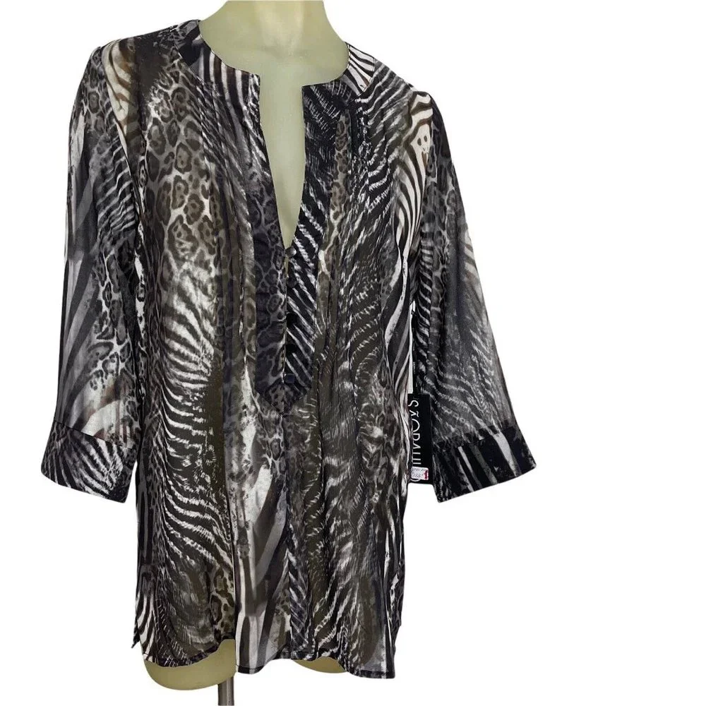 Sao Paulo Brown Animal print top tunic Size Small 36 Semi Sheer Womens New $133 - Picture 1 of 6
